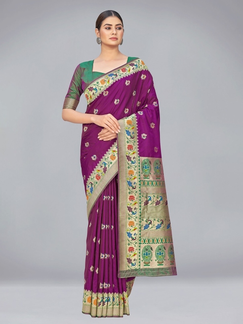 

MONJOLIKA FASHION Purple & Gold-Toned Woven Design Zari Silk Blend Banarasi Saree