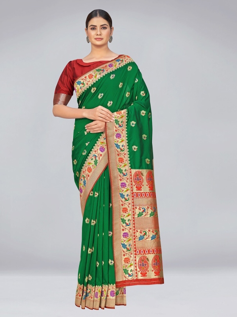

MONJOLIKA FASHION Green & Gold-Toned Woven Design Zari Silk Blend Banarasi Saree