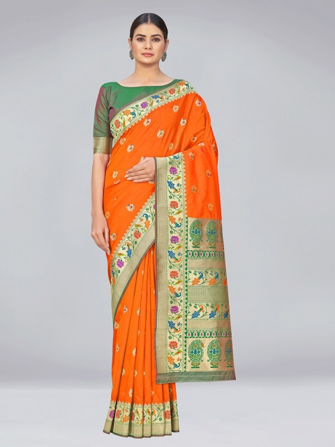 

MONJOLIKA FASHION Orange & Gold-Toned Woven Design Zari Silk Blend Banarasi Saree