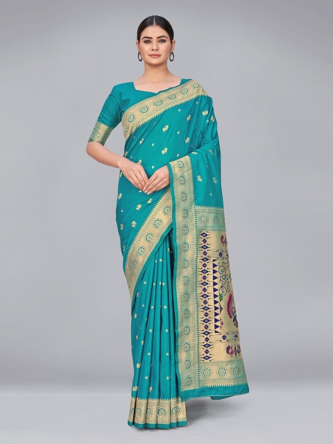 

MONJOLIKA FASHION Blue & Gold-Toned Woven Design Zari Silk Blend Banarasi Saree