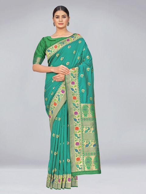 

MONJOLIKA FASHION Turquoise Blue & Red Woven Design Zari Silk Blend Banarasi Saree