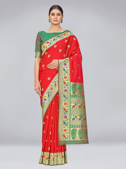 

MONJOLIKA FASHION Red & Green Woven Design Zari Silk Blend Banarasi Saree