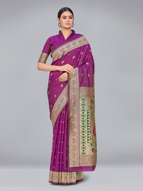 

MONJOLIKA FASHION Purple & Gold-Toned Woven Design Zari Silk Blend Banarasi Saree