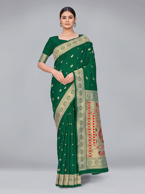 

MONJOLIKA FASHION Green & Red Woven Design Zari Silk Blend Banarasi Saree