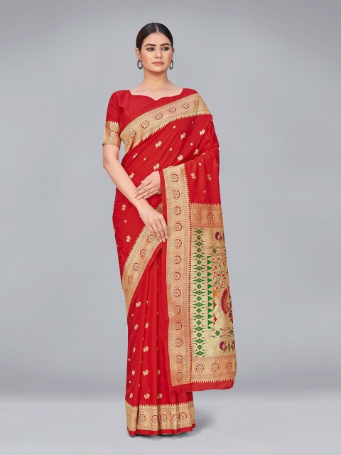 

MONJOLIKA FASHION Red & Gold-Toned Woven Design Zari Silk Blend Banarasi Saree