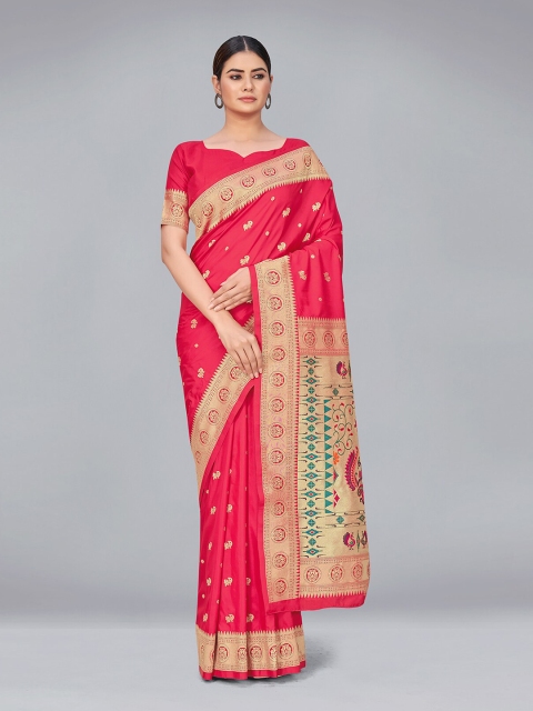 

MONJOLIKA FASHION Red & Gold-Toned Woven Design Zari Silk Blend Banarasi Saree