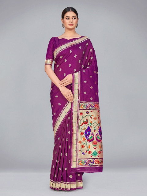 

MONJOLIKA FASHION Purple & Gold-Toned Woven Design Zari Silk Blend Banarasi Saree