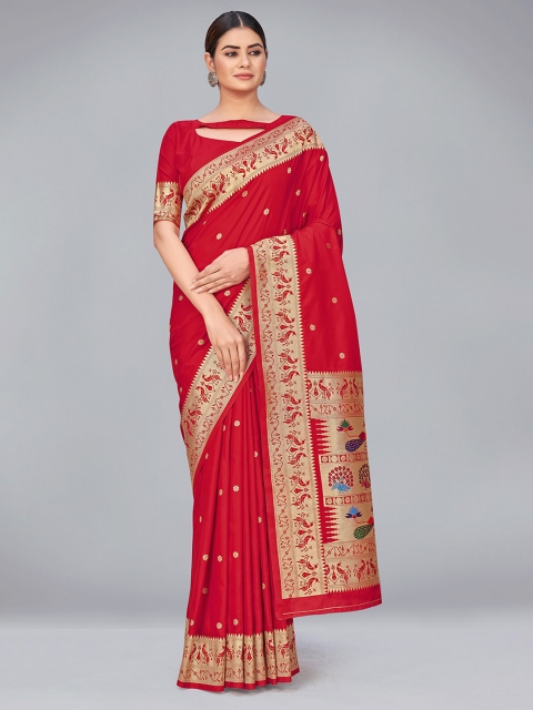 

MONJOLIKA FASHION Red & Green Woven Design Zari Silk Blend Banarasi Saree