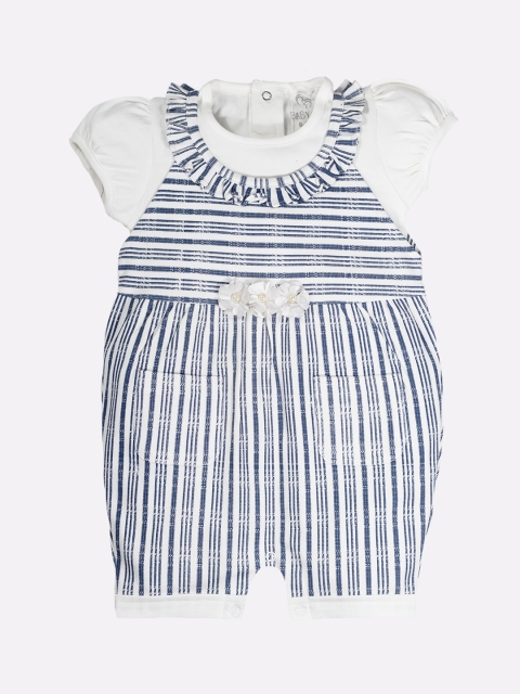 

BABY GO Girls Navy Blue Striped Pure Cotton Dungarees