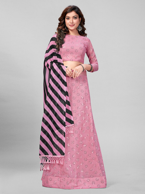 

Mitera Pink & Silver-Toned Embroidered Sequinned Semi-Stitched Lehenga & Unstitched Blouse With Dupatta
