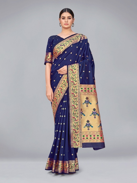 

MONJOLIKA FASHION Navy Blue & Green Woven Design Zari Silk Blend Banarasi Saree