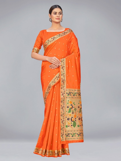 

MONJOLIKA FASHION Orange & Green Woven Design Zari Silk Blend Banarasi Saree