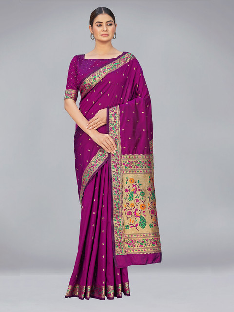 

MONJOLIKA FASHION Purple & Green Woven Design Zari Silk Blend Banarasi Saree