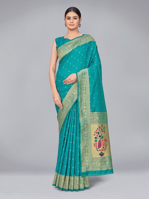 

MONJOLIKA FASHION Blue & Red Woven Design Zari Silk Blend Banarasi Saree