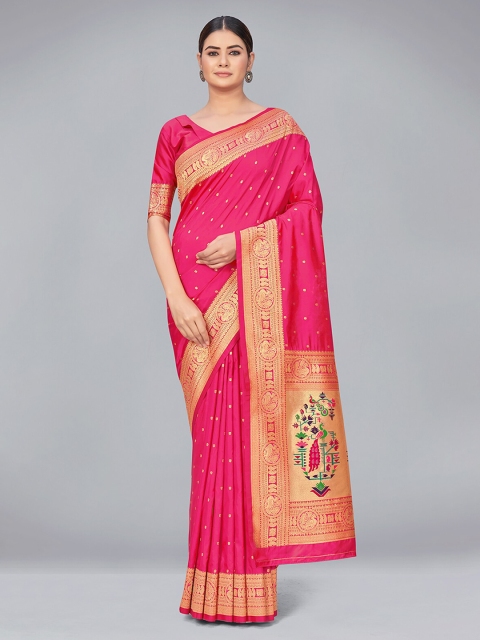 

MONJOLIKA FASHION Pink & Green Woven Design Zari Silk Blend Banarasi Saree