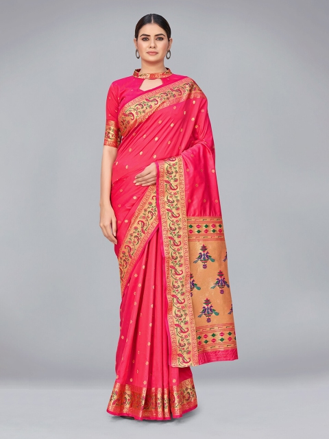 

MONJOLIKA FASHION Pink & Gold-Toned Woven Design Zari Silk Blend Banarasi Saree