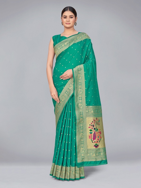 

MONJOLIKA FASHION Teal & Gold-Toned Woven Design Zari Silk Blend Banarasi Saree