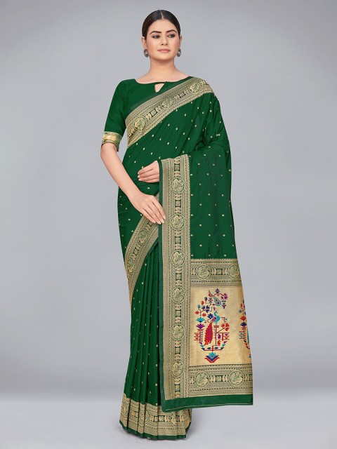 

MONJOLIKA FASHION Green & Purple Woven Design Zari Silk Blend Banarasi Saree