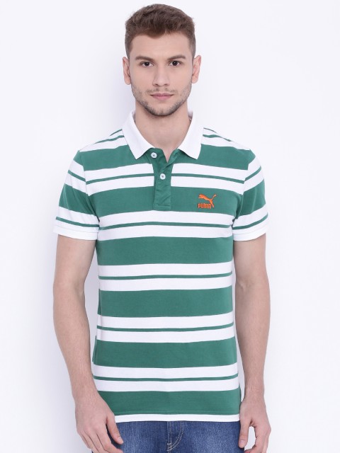 

Puma Men Green & White Striped Polo Collar T-shirt