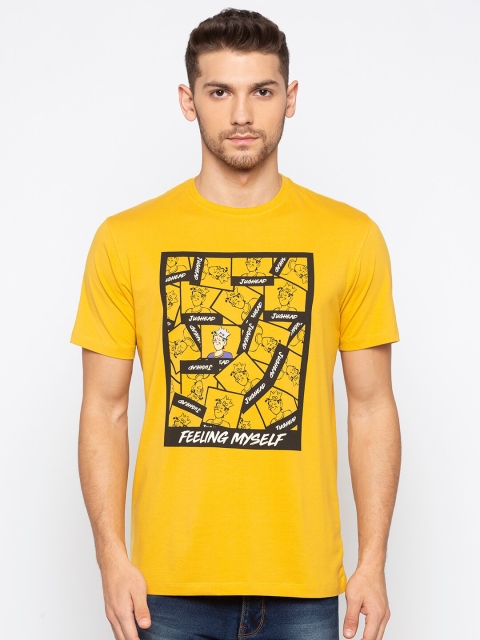

Status Quo Men Mustard Yellow Printed Applique Slim Fit T-shirt