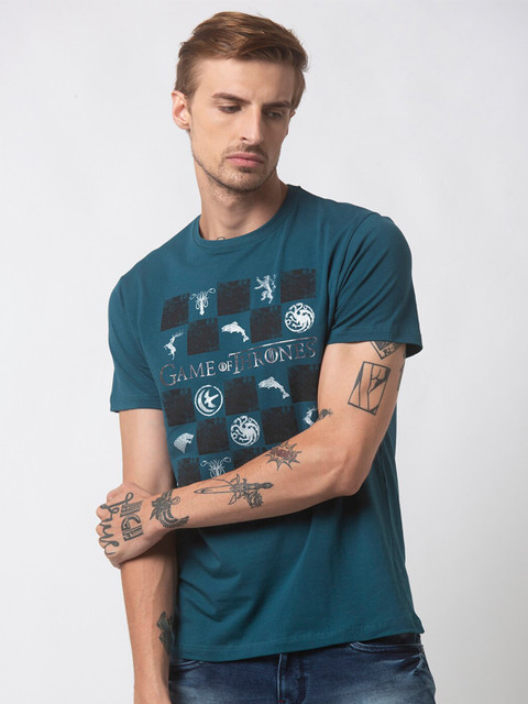 

Status Quo Men Teal Printed Applique Slim Fit T-shirt