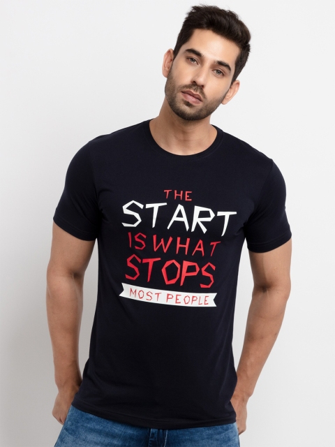 

Status Quo Men Navy Blue Typography Printed Applique T-shirt