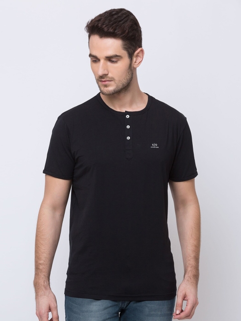 

Status Quo Men Black Henley Neck Slim Fit T-shirt