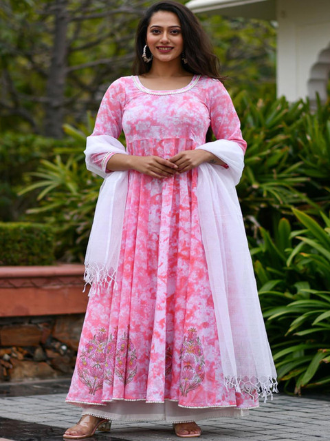 

Mulmul By Arabella Women Pink Tie Dyed & Block Cotton Kurta with Palazzos & With Dupatta