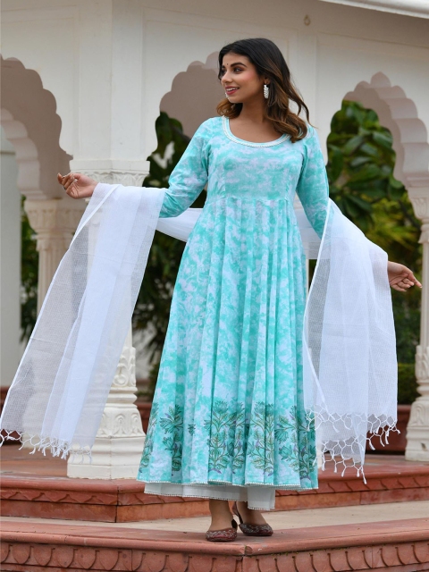 

Mulmul By Arabella Women Blue Floral Dyed Empire Pure Cotton Kurta with Palazzos & With Dupatta