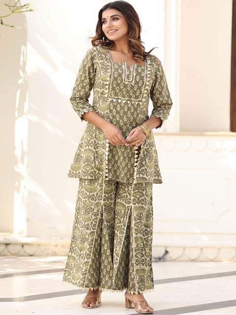 

Mulmul By Arabella Women Olive Green Printed Pure Cotton Kurta with Sharara