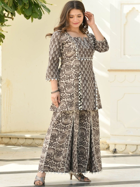 

Mulmul By Arabella Women Brown Ethnic Motifs Printed Pure Cotton Kurta with Sharara