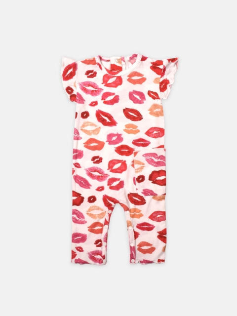 

Softsens Girls Red & Peach-Coloured Printed Basic Jumpsuit with Ruffles