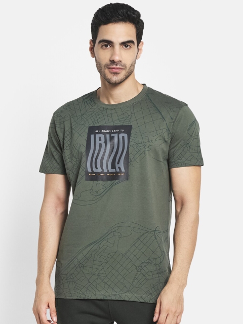 

Octave Men Olive Green & goblin blue Typography Printed Raw Edge T-shirt