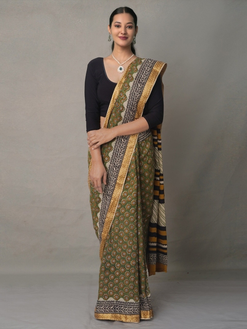 

Unnati Silks Green & Black Ethnic Motifs Zari Pure Cotton Block Print Saree