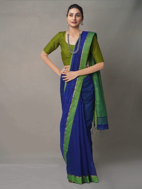 

Unnati Silks Blue & Green Woven Design Zari Linen Blend Jamdani Saree