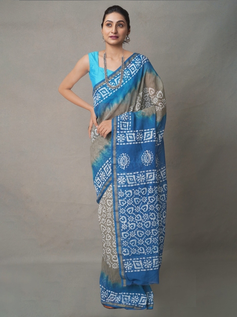 

Unnati Silks Grey & Blue Batik Zari Pure Cotton Kota Saree