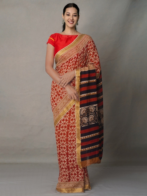 

Unnati Silks Maroon & Black Ethnic Motifs Zari Pure Cotton Block Print Saree