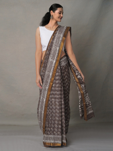 

Unnati Silks Grey & White Ethnic Motifs Pure Cotton Block Print Saree