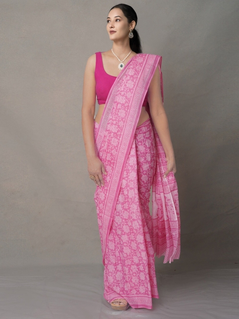 

Unnati Silks Pink & White Ethnic Motifs Pure Cotton Block Print Saree