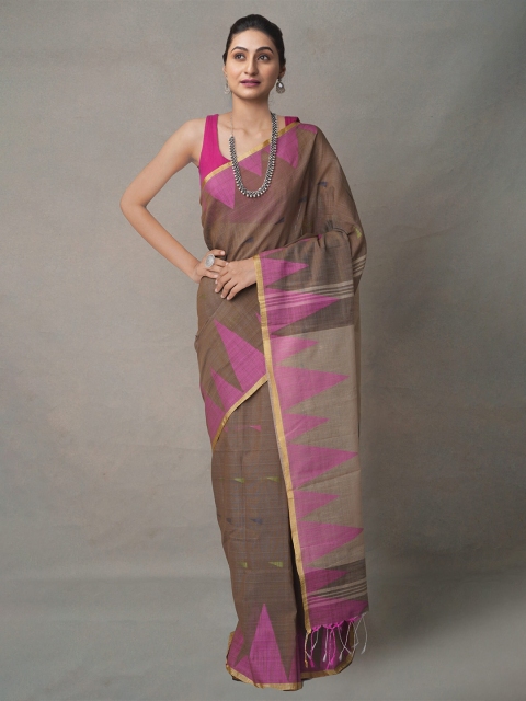 

Unnati Silks Grey & Pink Woven Design Pure Linen Jamdani Saree