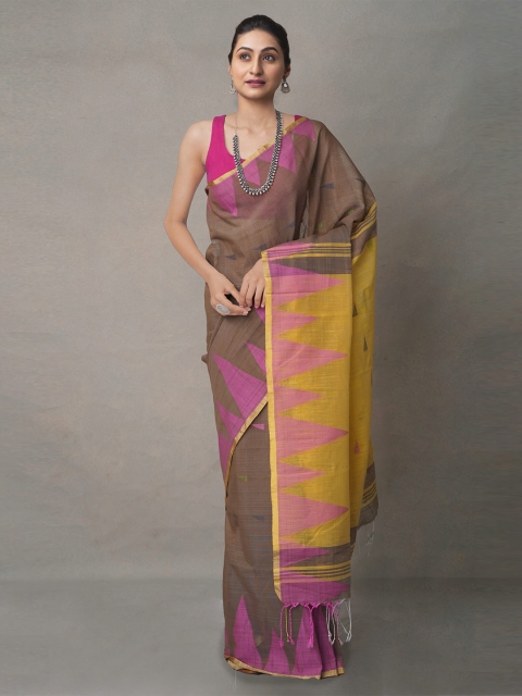 

Unnati Silks Brown & Pink Woven Design Pure Linen Jamdani Saree