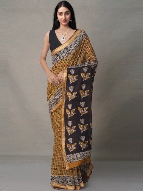 

Unnati Silks Yellow & Black Ethnic Motifs Pure Cotton Block Print Saree