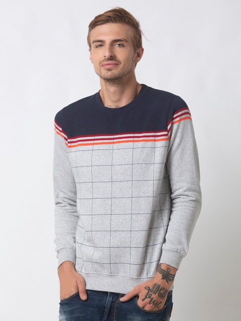 

Status Quo Men Grey Melange Checked Sweatshirt