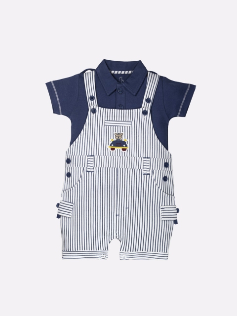 

BABY GO Infant Navy Blue & White Striped Cotton Dungarees With T-shirt