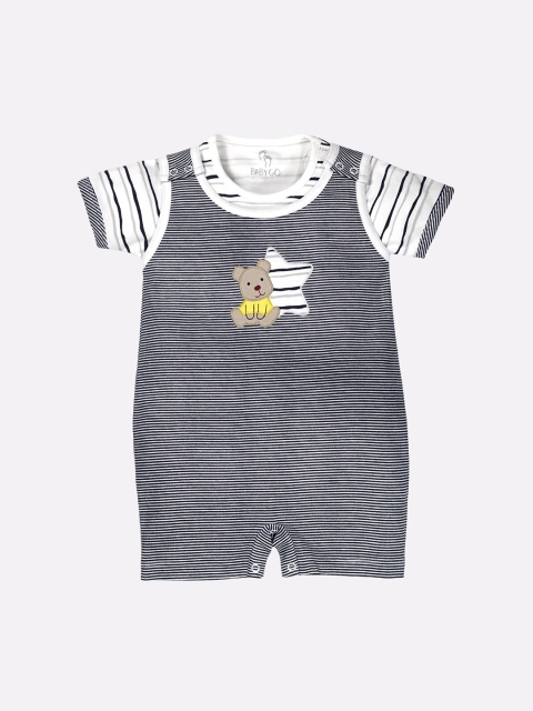 

BABY GO Boys Grey & White Striped Cotton T-Shirt and Dungaree