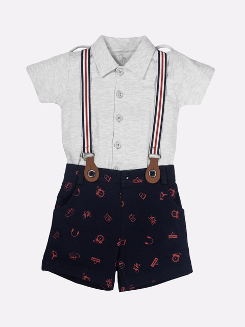 

BABY GO Infant Boys Grey-Melange & Navy-Blue Printed Pure Cotton Dungaree