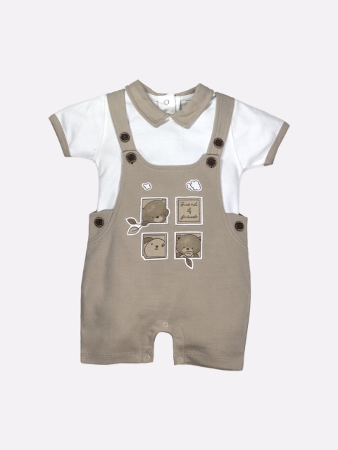 

BABY GO Infant Boys Beige & White Printed Pure Cotton Dungarees With T-Shirt