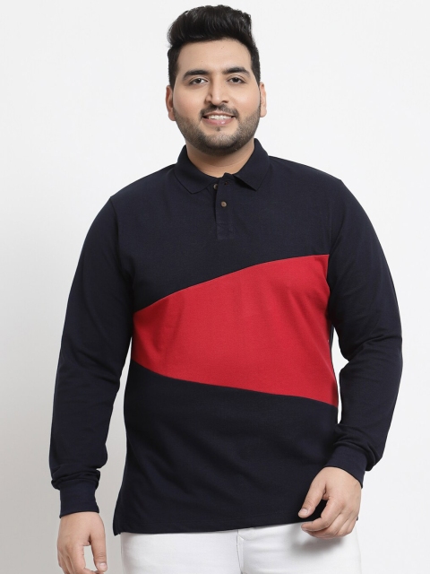 

Kalt Men Navy Blue & french middle red purple Colourblocked Polo Collar T-shirt