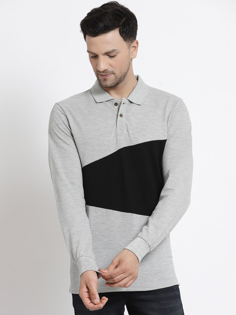 

Kalt Men Grey Melange Colourblocked Polo Collar T-shirt