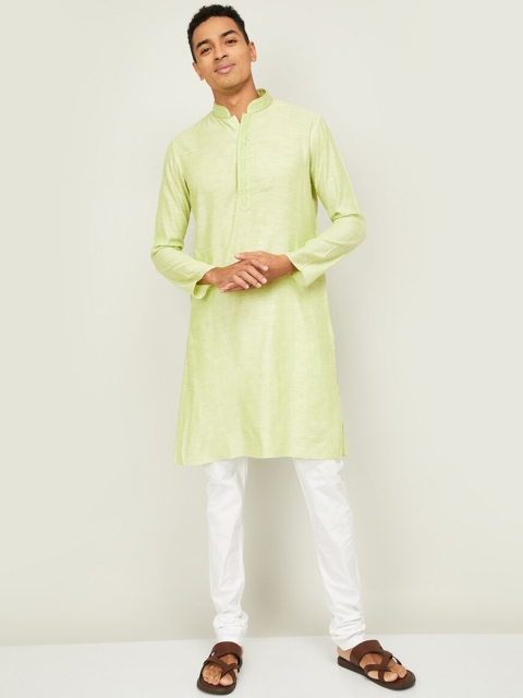 

Melange by Lifestyle Men Green Striped Angrakha Pure Cotton Kurta with Pyjamas & With Dupatta
